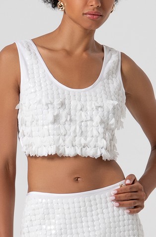 Cropped top z bleščicami in cvetličnimi aplikacijami