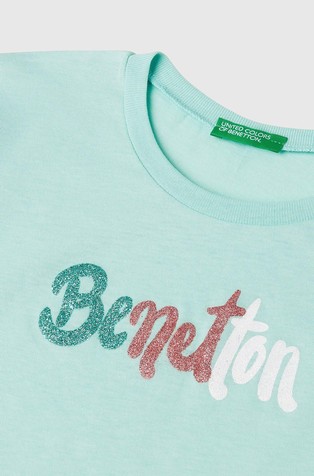 BENETTON Bombažna majica z bleščečim logotipom Modra - Aqua 3