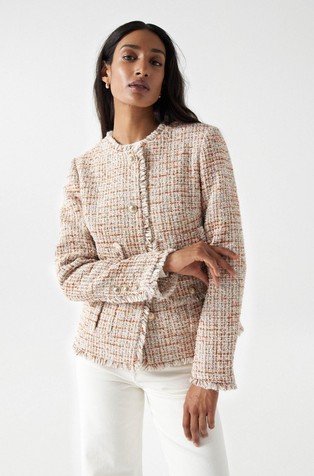 Luxury Long Sleeve Pearl Trim Fringed Button Front Tweed Jacket - Pink, S / Pink