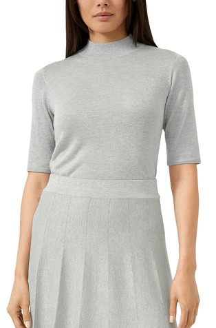Short-sleeved fine knit sweater with glitter yarn made from slightly sheer fabric