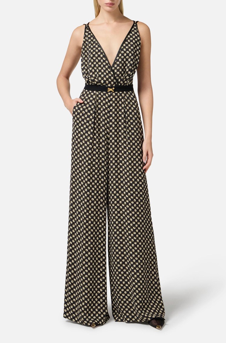 ELISABETTA FRANCHI Jumpsuit in georgette fabric with diamond logo print Black / Butter / Curry 