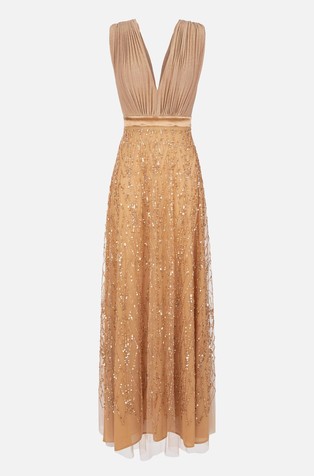 ELISABETTA FRANCHI Dolga obleka z bleščicami Bež - Caramel 5
