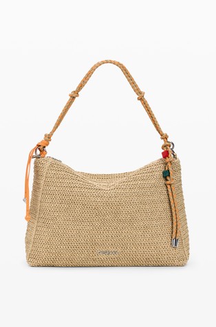 Large raffia bag with charm and card holder