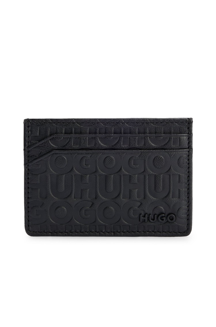 HUGO BOSS Usnjena denarnica za kartice z reliefnim logo vzorcem Črna - Black 