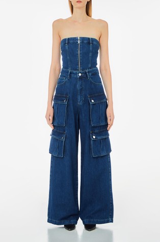 Denim jumpsuit with open shoulder