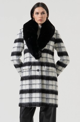 Slim fit karirast plašč iz volnene mešanice z umetnim krznom