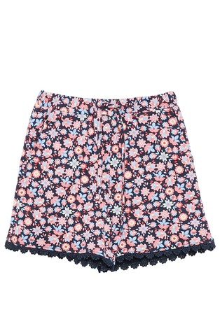 Jersey shorts with floral print and lace detail
