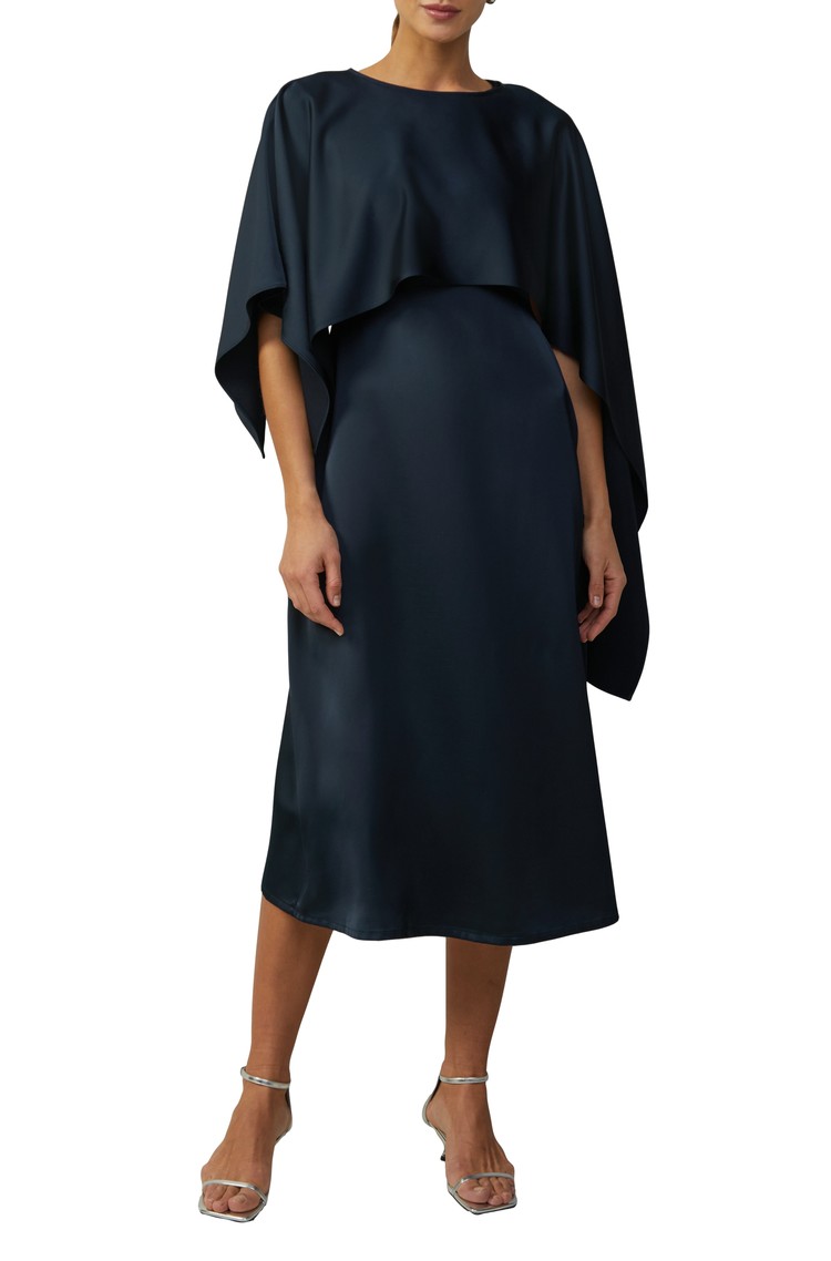 S.OLIVER Midi satenasta obleka z odstranljivim ogrinjalom Modra - Dark Blue 
