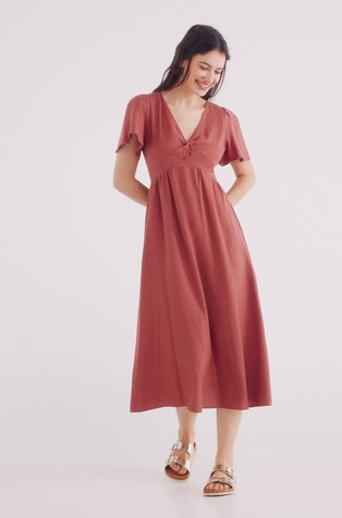 Midi dress with gathered detail in linen blend
