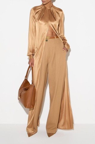 Long blouse in shiny satin fabric
