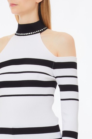 LIU JO Črtast pleten pulover z neti in izrezanimi detajli Večbarvna - White / Black 3