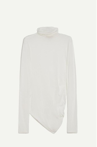 Asymmetric lyocell and wool-blend turtleneck