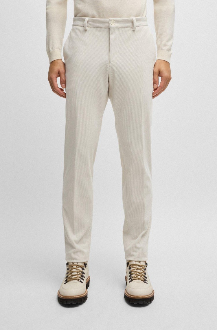 HUGO BOSS Slim fit hlače iz performance-stretch žameta Bež - Cream 