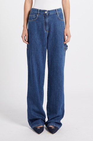 Ravne jeans hlače z našitimi žepi