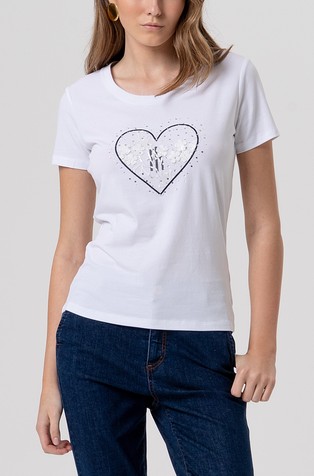 Slim fit majica s potiskom in okrasnimi kamenčki