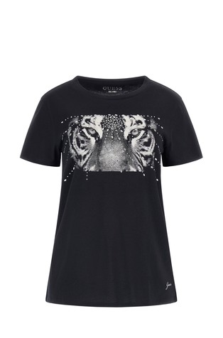 Cotton T-shirt with print and rhinestones