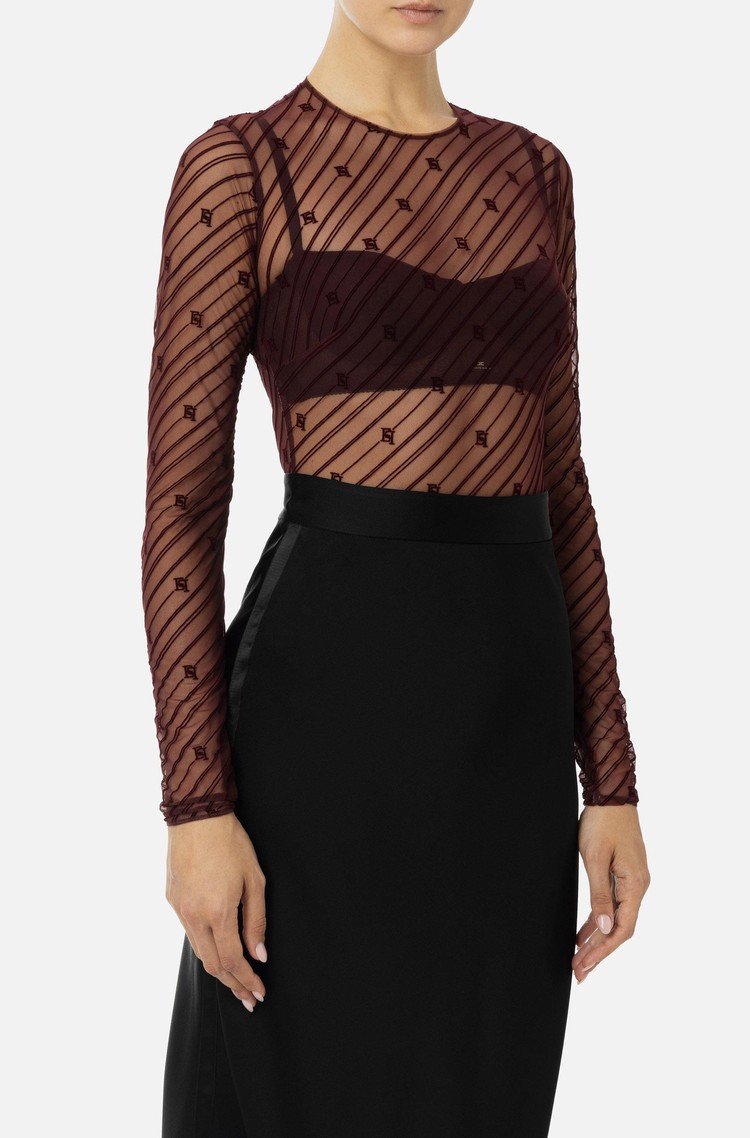 ELISABETTA FRANCHI Bodysuit in flocked tulle with diagonal stripes Red 