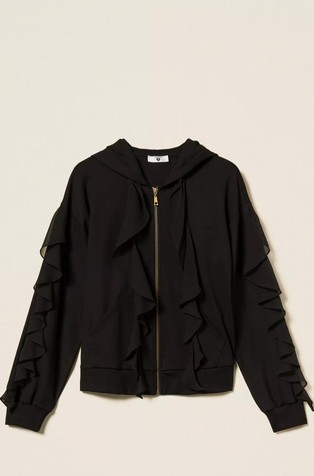 Hooded zip-thru sweatshirt with georgette ruffles