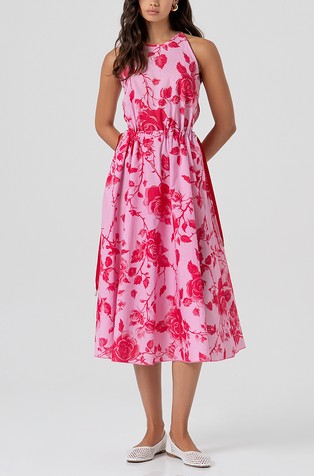 Rožasta midi obleka iz bombaža in lana