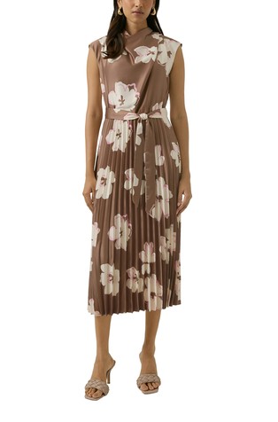 Sleeveless satin dress with pleats and waterfall neckline