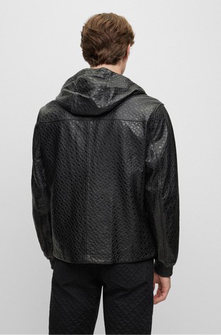 HUGO BOSS Relaxed fit usnjena jakna s kapuco in vzorcem monogramov Črna - Black 2