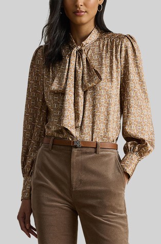 Vzorčasta bluza s trakom za zavezovanje ob ovratniku