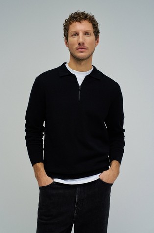 Pleten polo pulover z delno zadrgo