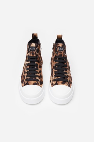 DOLCE &amp; GABBANA Cotton drill Portofino Light mid-top sneakers with leopard print Brown 4