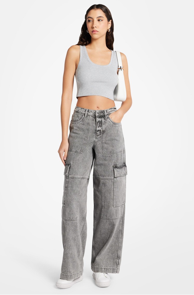 MICHAEL KORS Washed Denim Wide-Leg Cargo Jeans Concretewsh 