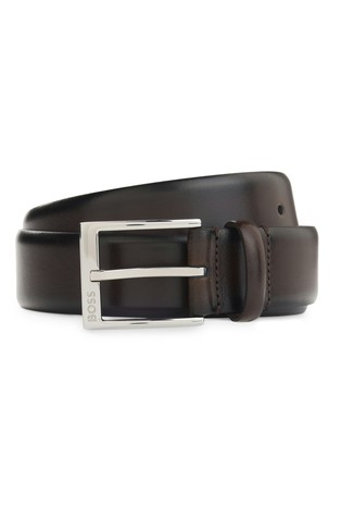 Leather belt with branded buckle