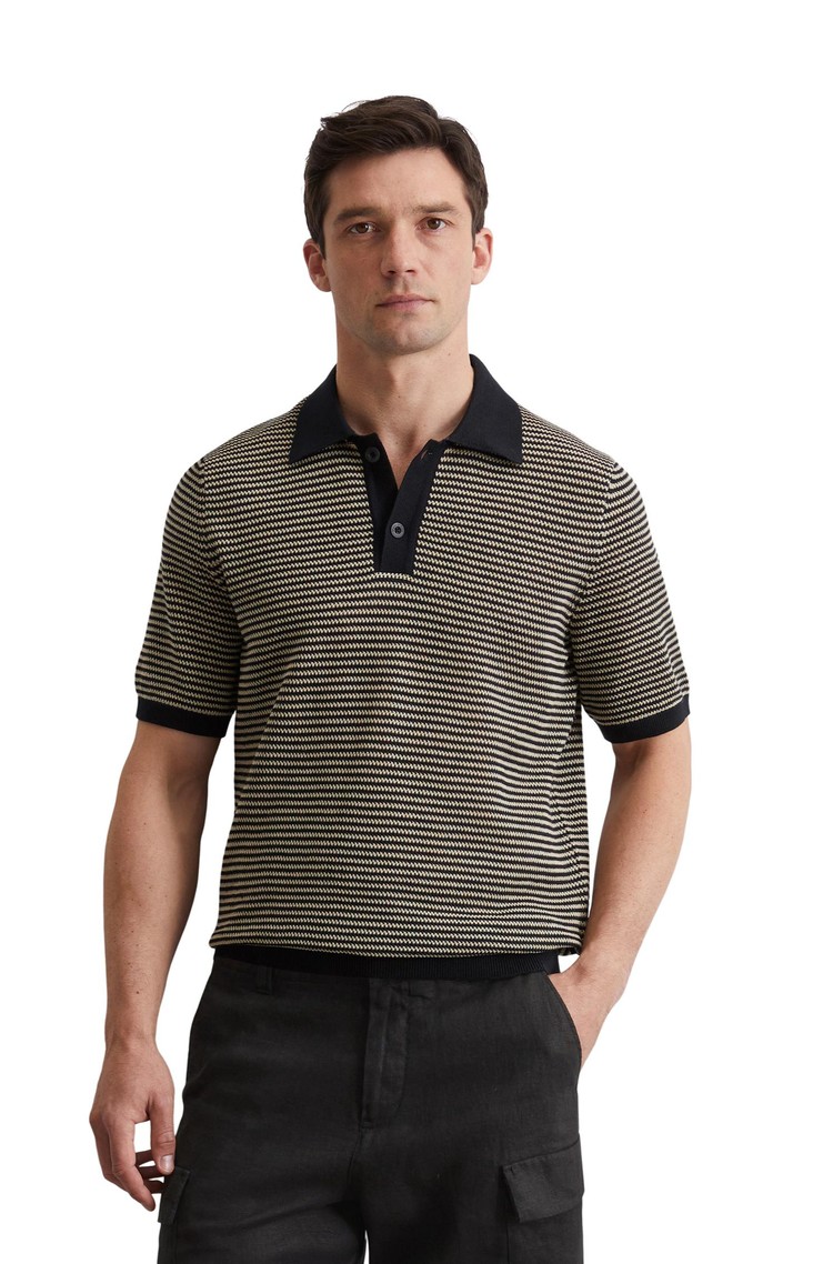 MARC O'POLO Striped short-sleeved polo in cotton-linen blend Black / Beige 