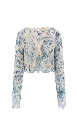 Patterned crop top with lace embroidery