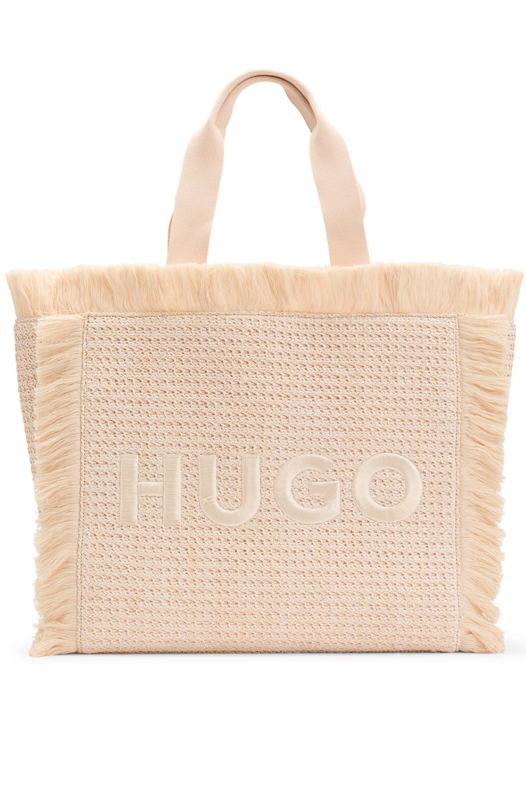 HUGO BOSS Logo-embroidered raffia-effect tote bag with fringe trims Natural 