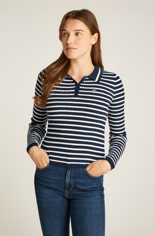 Slim fit pletena polo majica z dolgimi rokavi iz bombaža in volne