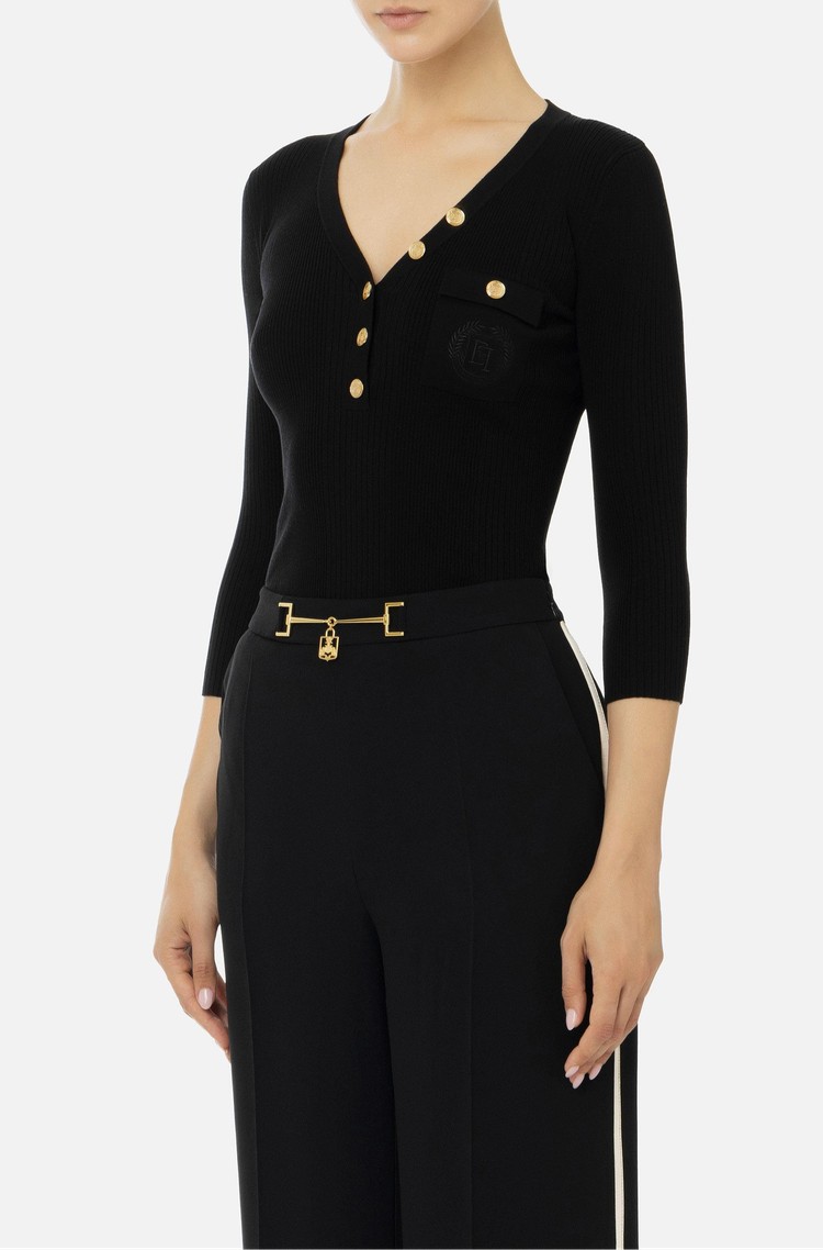 ELISABETTA FRANCHI Rebrasto pleten pulover z V-izrezom in logo vezenino Črna - Black 
