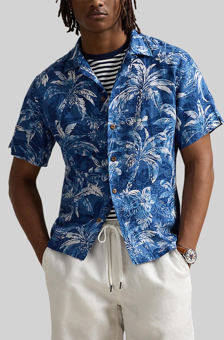 RALPH LAUREN Classic fit lanena srajca s kratkimi rokavi in tropskim vzorcem Modra - Indigo Palm Shadow 