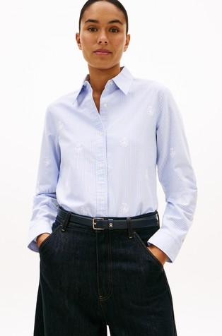 Relaxed fit črtasta Oxford srajca z vezeninami