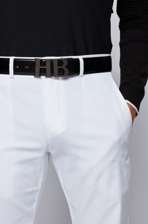 reversible leather belt with milled monogram buckle