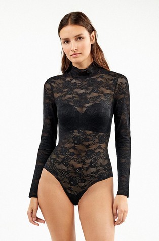Čipkast bodi z dolgimi rokavi in oblikovalnim učinkom