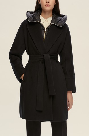 Short coat with belt and removable hooded bib insert