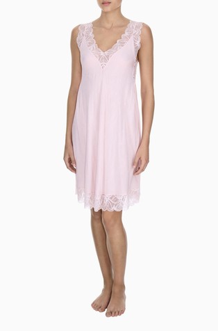 Jacquard viscose nightdress with a V-neckline and lace trim