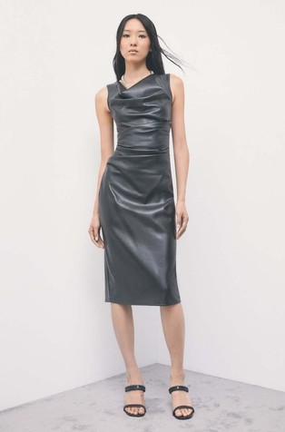 Draped midi dress in coated fabric