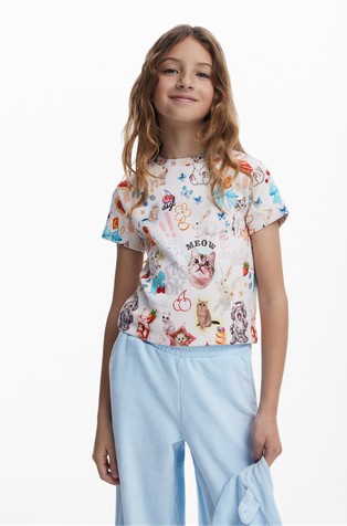 Short-sleeved T-shirt with cat print