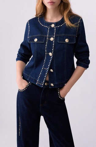 Cropped denim jakna z okrasnimi kamenčki