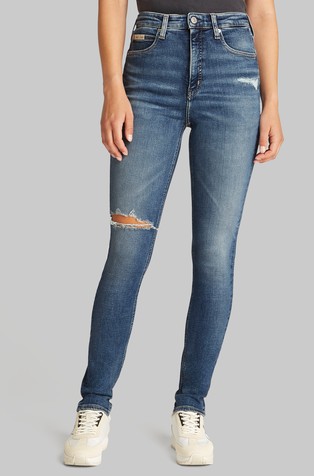 Skinny jeans hlače z visokim pasom in raztrganinami