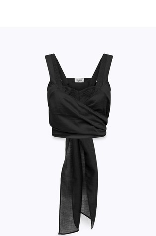 Top iz liocela s čipko in trakoma za zavezovanje zadaj