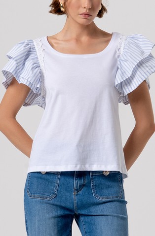 Regular fit jersey majica s kontrastnimi rokavi z naborki