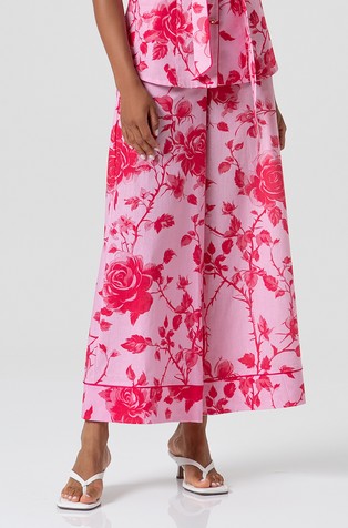 Cotton and linen Flared leg trousers with flowery pattern