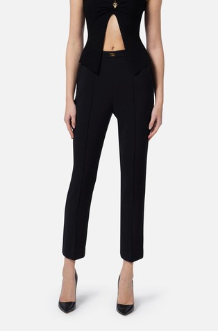 Trousers in stretch crêpe fabric with logo plaque