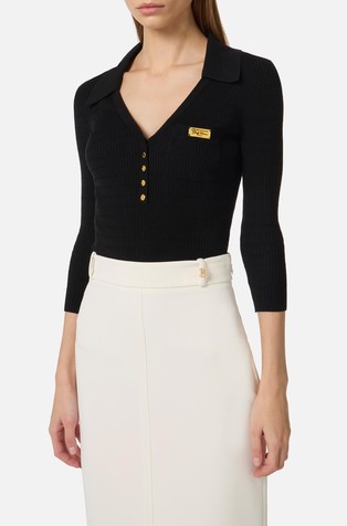 Slim fit rebrasta pletena polo majica s 3/4 rokavi